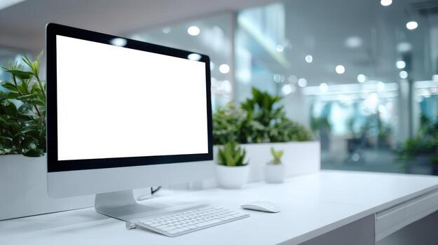 Modern Workspace Mockup Computer with Blank Screen on White Desk in Bright Office photo