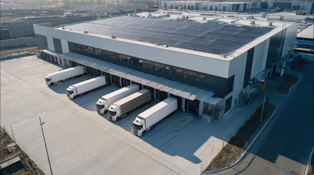 Distribution Center with Trucks Loading and Unloading, Commercial Delivery, Logistics and Transportation, Aerial View photo