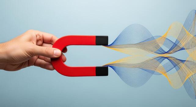 Attracting Digital Waves Hand Holding Magnet with Abstract Data Flow on Blue Background photo