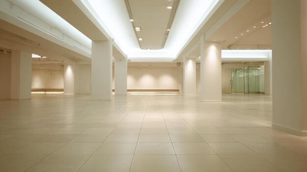 Bright Empty Commercial Space with Columns and Tile Flooring for Retail or Office Use photo