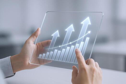 Hands Holding Transparent Tablet Displaying Growth Chart and Arrows, Representing Financial Success and Business Development photo