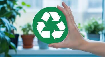 mano participación verde reciclar símbolo, demostración ambiental conciencia y sustentabilidad esfuerzos para un limpiador futuro foto