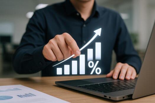 Financial Growth Concept Man Interacting with Digital Graph Displaying Positive Business Performance on Laptop photo