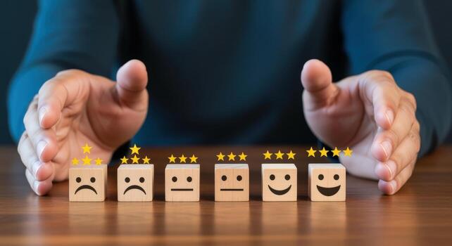 Customer Satisfaction Survey Wooden Blocks Displaying Range of Emotions, Indicating Customer Experience and Feedback photo