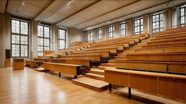 grande conferencia salón con de madera asientos en un Universidad edificio para educativo propósitos foto