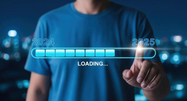 Transition to New Year Man Points at Loading Bar Symbolizing the Shift from 2024 to 2025 photo