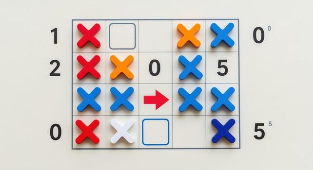 Strategic Board Game Close-Up Multi-Colored Pieces on Numbered Grid, Logic and Problem-Solving Concept photo