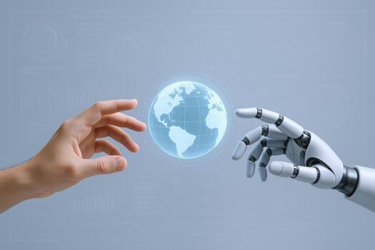 Human and Robot Hands Reaching for a Digital Globe, Representing Artificial Intelligence and Global Connectivity photo