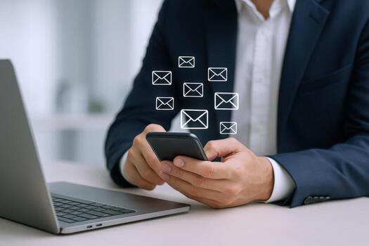 Professional Using Smartphone with Email Icons for Communication and Digital Marketing Campaign Optimization photo