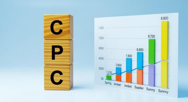 Cost Per Click Growth Illustration Wooden Blocks Spelling CPC with an Upward Trending Chart photo