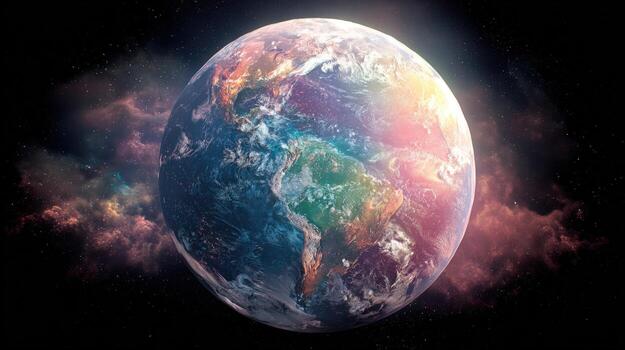 Colorful Earth in Deep Space A Vibrant Globe Surrounded by Nebula photo