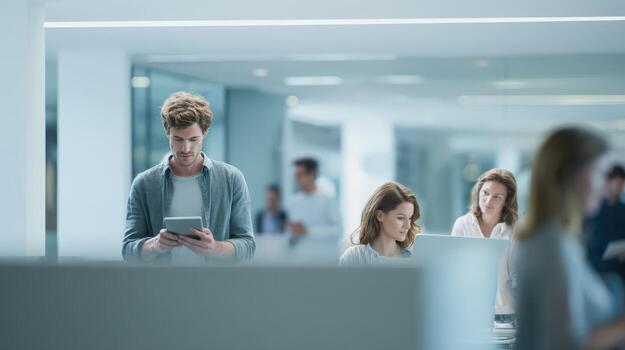 Busy Professionals Working in Modern Office Environment with Focus on Technology and Collaboration for Increased Productivity photo