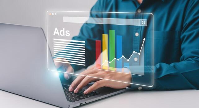 Professional analyzing online advertising campaign performance with data visualization on laptop, showcasing business growth and digital strategy photo