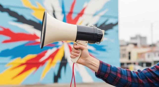 Person Holding Megaphone in Front of a Colorful Mural, Expressing Voice and Communication photo