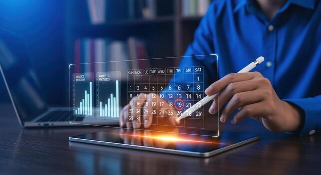 Digital Calendar Management Businessman Planning with Stylus and Interface for Appointments and Project Deadlines photo
