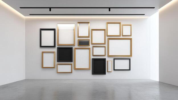 Gallery Wall Mockup with Empty Frames in Modern Interior, Ready for Art Display and Design photo