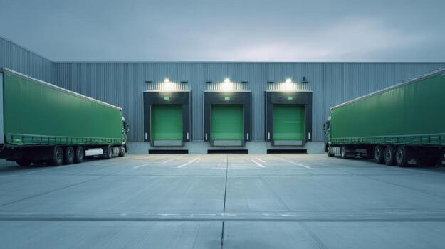 Trucks at Loading Dock Doors of a Large Warehouse Preparing for Deliveries at Dusk or Dawn photo