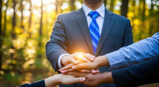 Diverse Team Hands United in Forest Collaboration, Unity, and Success in Sustainable Business Ventures photo