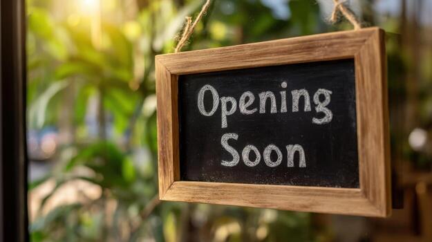 Chalkboard Sign Announcing Opening Soon in a Storefront with Plants and Natural Light photo