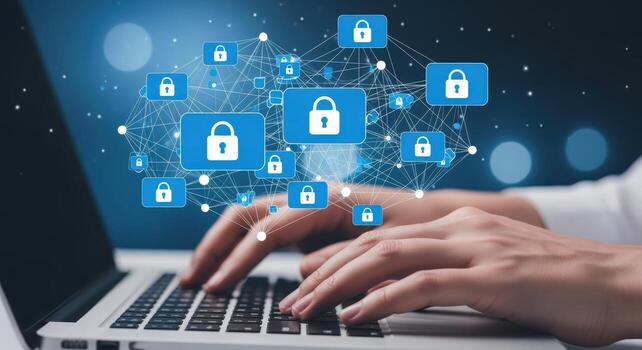 Cybersecurity Concept Person Typing on Laptop with Digital Lock Icons Overlaying for Data Protection photo