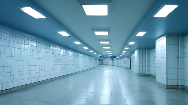 Empty Urban Tunnel with White Tiles and Fluorescent Lights, Clean Architecture for Modern City Infrastructure photo