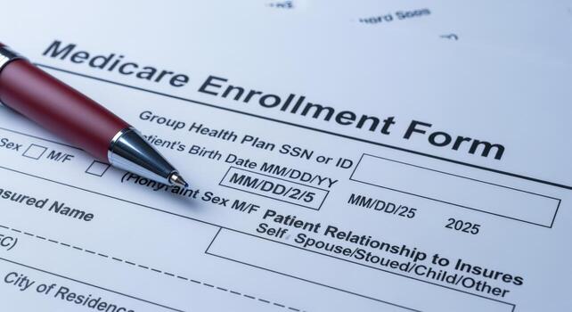 Medicare Enrollment Form with Pen, Applying for Healthcare Coverage, Filling Application, Health Insurance, Government Program photo