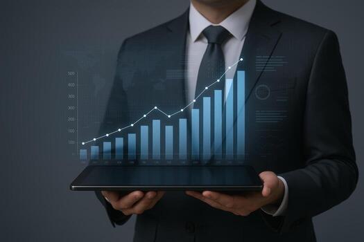 negocio crecimiento visualización hombre participación tableta mostrando ascendente bar grafico y tendencia línea foto