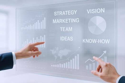 Business Professional Interacting with a Futuristic Transparent Display Showing Business Strategy and Data Analysis photo