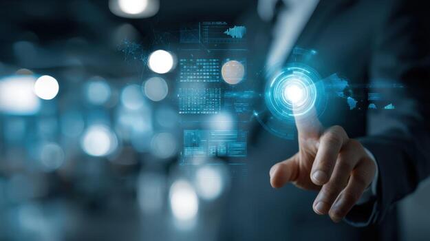 hombre activando futurista interfaz con tocar, destacando digital transformación y avanzado tecnología soluciones foto