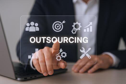 Outsourcing Solutions Businessman Interacting with a Virtual Interface Representing Business Processes and Resources photo