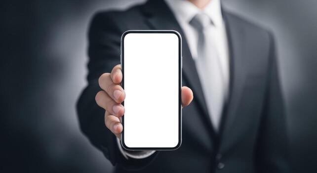 Professional Businessman Holding Smartphone with Blank Screen Display for Mobile App Mockup and Presentation photo