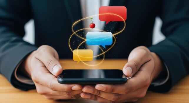 Person Holding Smartphone with Colorful Speech Bubbles Representing Online Communication and Digital Connection photo