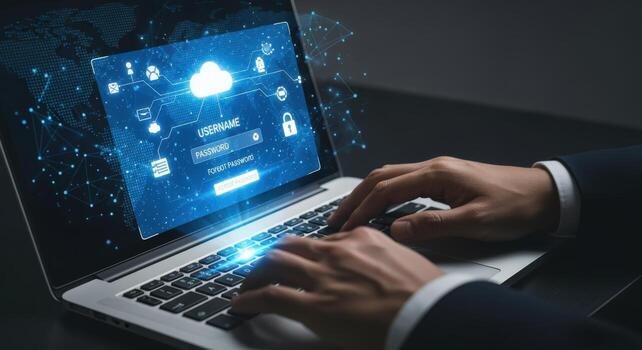 Cloud Computing Security Man Typing Username and Password on Laptop with Data Protection Interface photo