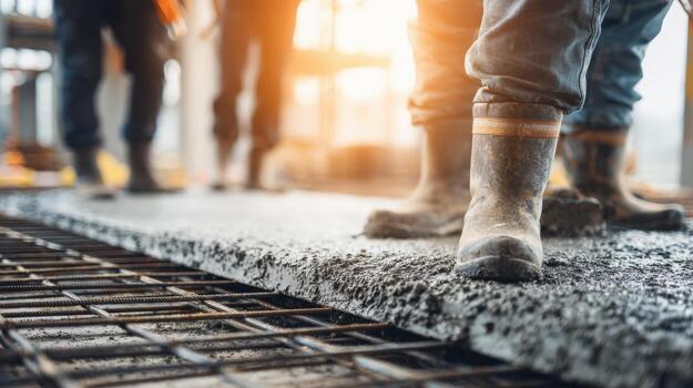 Construction Workers Pouring Concrete Slab with Reinforcement Mesh on Construction Site at Sunset photo