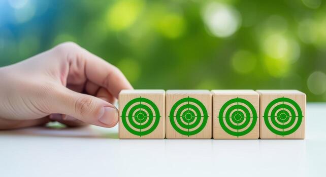 Target achievement concept Hand placing wooden blocks with target symbols in a blurred background photo