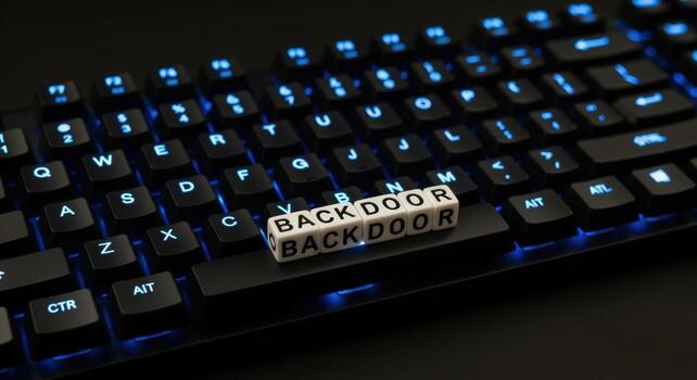 Backdoor Cyber Security Concept Keypad with Illuminated Keys Showing Software Vulnerability for Exploitation photo