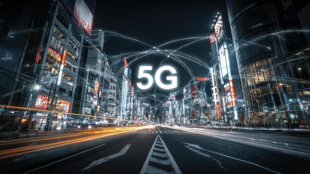 Futuristic 5G Network Cityscape at Night with Abstract Data Connections and Speeding Traffic Visuals photo