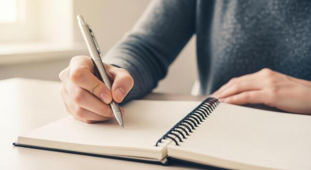 Close-up of Hand Writing in Notebook with Pen for Business, Education and Lifestyle Concept photo