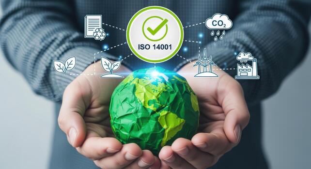 Hands Holding Globe with Environmental Icons Representing ISO 14001 Certification and Sustainable Business Practices photo