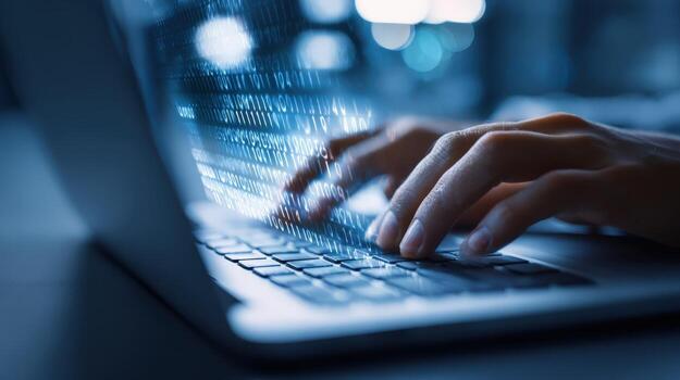 Close-up of Hands Typing on Laptop Keyboard with Data Overlay - Technology Concept photo