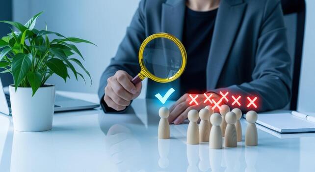 Selection Process Concept Person Inspecting Wooden Figures with Magnifying Glass and Visual Affirmation for Recruitment photo