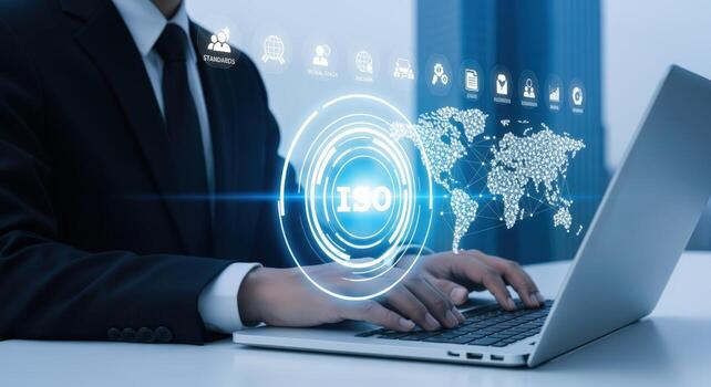 ISO Compliance and Global Standards Concept Man Typing on Laptop Demonstrating Certification Process photo