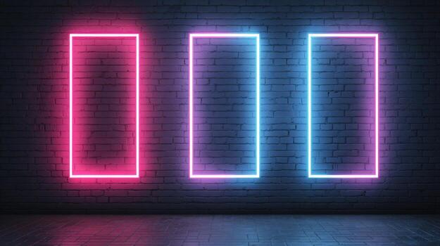 Neon Rectangles on Brick Wall Modern Glowing Frames for Presentations and Creative Design Backdrops photo
