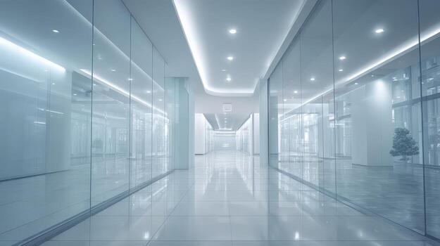 Modern Office Building Interior with Glass Walls and Bright Lighting Creating a Spacious Environment photo