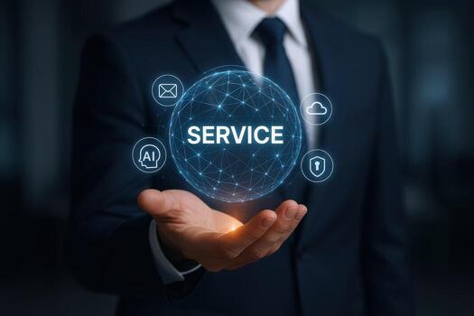 Business Professional Presenting Digital Service Sphere, Highlighting Innovative Tech Solutions and Client Support for Growth photo