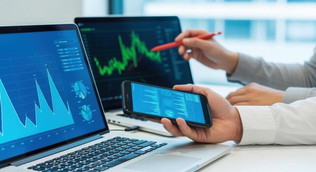 Financial Analysts Examining Stock Market Data on Multiple Screens and a Smartphone During Trading Session photo
