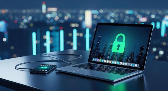 Cybersecurity Laptop with Padlock and Smartphone Connected, Illustrating Data Security and Protection in a High-Tech Urban Setting photo