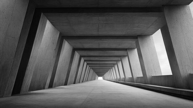 Monochrome Architectural Tunnel with Geometric Concrete Structure and Light at the End, Suitable for Modern Designs photo