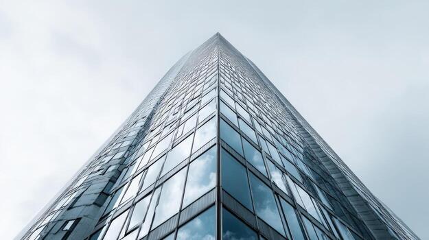Modern Skyscraper Architecture with Glass Facade Reaching into Cloudy Sky, High-Rise Office Building Perspective photo