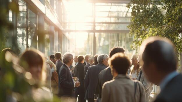 Professional Networking Event with Diverse Business People in Modern Atrium with Natural Light and Greenery photo